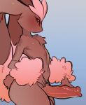  2023 anthro big_penis biped black_sclera blue_background blush brown_body brown_fur digital_media_(artwork) erection fur generation_4_pokemon genitals glacierclear hand_on_penis hi_res huge_penis lopunny male multicolored_body multicolored_fur nintendo penis pink_body pink_fur pokemon pokemon_(species) red_eyes simple_background solo thick_thighs two_tone_body two_tone_fur wide_hips 