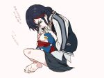  1girl barefoot bell black_hair blinking_inside_eyes blue_eyes blush check_commentary commentary_request crossover doraemon doraemon_(character) jacket kill_la_kill koke_(kokeshi_n) living_clothes looking_at_another matoi_ryuuko multicolored_hair red_streaks scarf streaked_hair sukajan translation_request two-tone_hair whiskers 