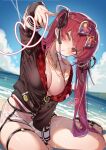  1girl beach bikini bikini_bottom_under_shorts bikini_under_clothes black_jacket black_ribbon blue_sky breasts cleavage cloud commentary day fingernails hair_ribbon halterneck heart heart_necklace highleg highleg_bikini hololive hood hooded_jacket houshou_marine houshou_marine_(summer) jacket jewelry large_breasts long_hair looking_at_viewer necklace o-ring o-ring_thigh_strap official_alternate_costume one_eye_closed outdoors partially_unzipped pointing pointing_at_viewer puckered_lips red_bikini red_hair ribbon sandals see-through_clothes see-through_shorts short_shorts shorts shuri_(84k) sitting sky solo string_bikini swimsuit thigh_strap toes twintails untranslatable_commentary very_long_hair virtual_youtuber white_shorts yellow_eyes yokozuwari 