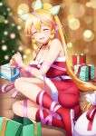  1girl blonde_hair boots bound breasts christmas christmas_lights christmas_tree cleavage commentary_request dress elf fur_trim gift highres ken-ji large_breasts leafa_(sao) long_hair long_pointy_ears pointy_ears red_boots red_dress ribbon ribbon_bondage santa_costume santa_dress solo sword_art_online textless_version very_long_hair 