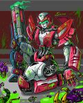  1girl after_battle arcee arm_cannon assault_visor battle_damage commentary english_commentary helmet highres humanoid_robot metal_skin robot robot_girl ryzmechaa science_fiction thighs transformers weapon wheel 