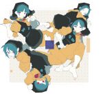  1girl 4qw5 absurdres apron barefoot black_apron blue_hair cake closed_mouth commentary_request dress eating expressionless food haniyasushin_keiki headscarf highres jewelry long_hair looking_at_viewer magatama magatama_necklace multiple_expressions necklace red_eyes short_sleeves smile strawberry_shortcake sweatdrop touhou upside-down utensil_in_mouth variations yellow_dress 
