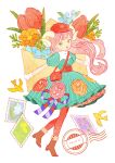  1girl absurdres aqua_dress bag bird blue_flower blue_ribbon boots brown_boots commentary_request corset curled_horns dated dress envelope flower full_body gloves green_eyes hat high_heel_boots high_heels highres holding holding_envelope horns japanese_postal_mark kazamati_soyoka layered_dress long_hair looking_at_viewer mailbag mailman open_mouth orange_bird orange_flower original oversized_flower oversized_object pantyhose pink_hair postage_stamp puffy_short_sleeves puffy_sleeves red_bag red_corset red_flower red_hat red_pantyhose red_tulip ribbon short_sleeves shoulder_bag smile solo standing tulip wax_seal white_gloves 