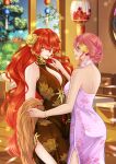  2girls applying_another's_makeup applying_lipstick applying_makeup architecture augusta_(wuthering_waves) bare_shoulders black_gloves blue_eyes bracelet breasts china_dress chinese_clothes cleavage_cutout clothing_cutout collar commentary commission cosmetics crossover double-parted_bangs dress earrings east_asian_architecture eiyuu_densetsu elbow_gloves english_commentary floral_print floral_print_dress flower flower_earrings flower_hairpin gloves gold_bracelet hair_between_eyes hair_bun hair_flower hair_ornament hairpin halterneck highres holding holding_lipstick_tube hoop_earrings indoors iwonn_(pixiv943160) jewelry judith_lanster kuro_no_kiseki_(series) lantern large_breasts lens_flare lipstick_tube long_hair multiple_girls nail_polish necklace orange_hair paper_lantern pendant pink_hair pink_nails print_dress red_eyes short_hair side_slit sleeveless sleeveless_dress smile sun_earrings sun_necklace tree very_long_hair wavy_sidelocks wuthering_waves 