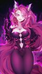  1girl absurdres breasts chest_eye claws cleavage clothing_cutout commentary demon_girl demon_horns dress highres horn_ornament horns ironmouse ironmouse_(underworld_goddess) large_breasts long_hair looking_at_viewer multicolored_hair navel_cutout pink_hair pointy_ears purple_dress purple_eyes purple_hair sitraell streaked_hair third_eye very_long_hair virtual_youtuber vshojo 