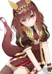  1girl animal_ears asymmetrical_gloves black_gloves black_jacket black_necktie blush brown_hair brown_headdress brown_skirt buena_vista_(heroina_inocente)_(umamusume) buena_vista_(umamusume) checkered_collar checkered_hairband commentary_request corrupted_twitter_file ear_covers fingerless_gloves gloves hair_between_eyes hairband highres horse_ears horse_girl horse_tail iada3229 jacket looking_at_viewer medium_hair mismatched_gloves multicolored_hair necktie puffy_short_sleeves puffy_sleeves purple_eyes red_button red_headdress short_sleeves simple_background skirt solo streaked_hair tail umamusume white_background white_gloves white_hair 