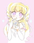  1girl applying_lipstick applying_makeup applying_own_makeup bad_id bad_twitter_id blonde_hair compact_(cosmetics) cosmetics hands_up highres holding holding_compact holding_lipstick_tube idol_time_pripara lipstick_tube long_hair looking_at_viewer open_mouth pink_background pink_lips pretty_series pripara purple_eyes ringlets rn10r shirt solo star_(symbol) strap_slip two_side_up upper_body white_shirt yumekawa_yui 