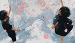  1boy 1girl barefoot bed_sheet brown_hair catching cherry_blossoms dress from_above highres ka_(996beshi) matching_outfits original petals shirt shorts spring_(season) surreal t-shirt wind 