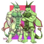  abs anthro anthrofied balls biceps big_muscles deltoids duo erection feet flygon generation_3_pokemon genitals hi_res humanoid_genitalia humanoid_hands male muscular muscular_anthro muscular_male nintendo nipples nude ougon pecs penis pokemon pokemon_(species) simple_background smile 