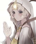  1girl blonde_hair blush breasts cleavage closed_mouth collarbone colored_eyelashes commentary_request cookie_run cookie_run:_kingdom eunha_milktea expressionless eyes_visible_through_hair forehead_jewel from_side frown gem glowing glowing_gem gold_necklace grey_eyes hand_up highres humanization inverted_eyelashes jacket jewelry korean_commentary long_hair looking_at_viewer mystic_flour_cookie necklace open_clothes open_jacket shirt sidelocks signature simple_background single_bare_shoulder small_breasts solo three-quarter_sleeves upper_body veil white_background white_eyelashes white_gem white_jacket white_veil yellow_shirt 