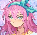  1girl :| aubrey_(omori) blue_eyes close-up closed_mouth collarbone expressionless hairband highres jacket long_hair looking_at_viewer omori pink_hair remi_(mozzaremi) solo upper_body white_jacket 