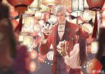  1boy 1girl black_pants black_vest brown_hair chinese_clothes chinese_commentary closed_mouth collared_shirt commentary_request facing_away hat jacket jewelry lantern layered_sleeves long_hair long_sleeves looking_at_another love_and_deepspace mandarin_collar night official_alternate_costume pants paper_lantern parted_bangs plaid_clothes plaid_hat plaid_skirt protagonist_(love_and_deepspace) red_hat red_jacket red_skirt shirt short_hair skirt sylus_(love_and_deepspace) upper_body vest watermark weibo_username weibo_watermark white_hair white_shirt zhishuo418 