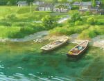  boat building bush grass highres house nao_(marley) no_humans original outdoors painting_(medium) plant rowboat rural shallow_water traditional_media village water watercraft 