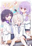  4girls arius_student_(gl)_(blue_archive) atsuko_(blue_archive) blue_archive blush braid character_request closed_eyes commentary_request halo harada_(sansei_rain) highres hood hooded_jacket jacket long_hair maia_(blue_archive) multiple_girls musical_note open_mouth purple_eyes purple_hair purple_halo red_eyes skirt smile twin_braids 
