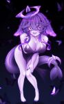  1girl absurdres barefoot black_background breasts bug butterfly cleavage colored_skin commentary dress facial_mark feet fins fish_tail hair_between_eyes halo halo_around_horn highres indie_virtual_youtuber jewelry large_breasts leaning_forward mark_under_both_eyes medium_hair megalodon_(vtuber) necklace purple_butterfly purple_dress purple_eyes purple_hair purple_halo purple_nails purple_skin shark_girl shark_tail sitraell standing tail thighs virtual_youtuber 