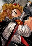  1boy black_cape black_gloves blonde_hair cape gloves holding holding_sword holding_weapon kimetsu_no_yaiba long_hair male_focus multicolored_hair red_hair rengoku_kyoujurou sayu090200 shirt sleeves_rolled_up solo sword two-tone_hair upper_body weapon white_shirt yellow_eyes 