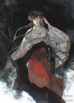  1girl a_wei_wei absurdres bare_tree black_eyes black_hair commission hakama hakama_skirt hand_in_own_hair hand_rest highres inuyasha japanese_clothes kikyou_(inuyasha) kimono long_hair long_sleeves looking_to_the_side mihuashi_commission mihuashi_logo mihuashi_username miko parted_lips red_hakama ribbon-trimmed_sleeves ribbon_trim sitting_on_branch skirt solo tree white_kimono wide_sleeves 