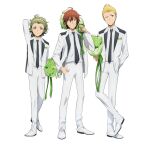  3boys ahoge amagase_touma black_necktie blonde_hair brown_hair flower formal green_flower green_hair hairband hand_in_pocket idolmaster idolmaster_side-m ijuuin_hokuto jupiter_(idolmaster) mitarai_shouta multiple_boys necktie official_art one_eye_closed shoes smile suit transparent_background white_footwear 