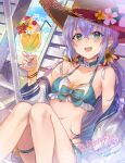  1girl :d aqua_bikini aqua_choker bangs beach bikini blue_hair bracelet breasts cleavage cocktail_glass collarbone commission cup day drinking_glass flower green_eyes hair_between_eyes hair_flower hair_ornament hair_ribbon hat hat_flower hat_ribbon highres jewelry long_hair low_twintails mahou_tsukai_to_kuroneko_no_wiz navel ocean open_mouth outdoors red_ribbon ribbon shanabi0610 signature skeb_commission small_breasts smile snowflake_choker solo sparkle straw_hat summer sun_hat swimsuit thigh_strap twintails very_long_hair watermark white_flower white_ribbon yellow_flower yellow_headwear 