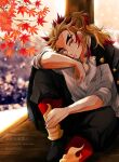  1boy autumn autumn_leaves black_jacket black_pants blonde_hair blurry blurry_background dress_shirt grey_shirt head_tilt jacket jacket_on_shoulders kimetsu_no_yaiba long_hair looking_at_viewer male_focus multicolored_hair open_clothes open_jacket pants parted_lips red_eyes red_hair rengoku_kyoujurou sayu090200 shirt sitting sleeves_rolled_up solo spiked_hair two-tone_hair watermark 