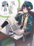  ... 1boy 1girl akademiya_uniform alternate_costume aqua_gem aqua_hat aqua_jacket aqua_sleeves beret black_hair blunt_ends book book_stack cape chair chest_jewel choppy_bangs closed_mouth colored_tips emblem eyeliner facing_another foot_on_table gem genshin_impact gold_trim green_cape green_hair hand_on_own_cheek hand_on_own_face hand_on_own_thigh hat height_difference highres jacket jitome knee_up light_frown long_hair long_sleeves looking_at_another looking_at_viewer makeup mizuamememe multicolored_hair nahida_(genshin_impact) open_book open_clothes open_jacket purple_eyes purple_pupils red_eyeliner robe scaramouche_(genshin_impact) side_ponytail sidelocks sitting spoken_ellipsis standing table translation_request tsurime white_hair white_robe wooden_chair wooden_table 