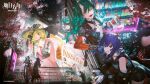  3girls animal_ears arknights black_hat black_one-piece_swimsuit blonde_hair blue_hair blue_tail can casual_one-piece_swimsuit ch'en_(arknights) ch'en_the_dawnstreak_(arknights) chinese_commentary commentary_request copyright_logo copyright_notice dragon_girl dragon_horns dragon_tail drill_hair drill_sidelocks drink_can eastern_dragon_horns eastern_dragon_tail fingerless_gloves gloves green_eyes green_hair hair_between_eyes hakama hakama_pants hat high_ponytail highres horns hoshiguma_(arknights) hoshiguma_the_breacher_(arknights) japanese_clothes leather_coat logo long_hair multiple_girls official_art one-piece_swimsuit open_mouth outdoors pants ponytail red_eyes scar scar_on_cheek scar_on_face shuidao_yanjiu sidelocks skin-covered_horns sun_hat swimsuit swire_(arknights) swire_the_elegant_wit_(arknights) tail tiger_ears tiger_girl white_gloves white_hakama yellow_eyes 