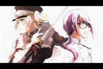  2girls :| black_cloak black_hat black_shirt blonde_hair breast_pocket cloak closed_mouth collared_shirt daiba_nana from_side fur-trimmed_cloak fur_trim glasses gloves green_eyes hand_up hat holding holding_sword holding_weapon hoshimi_junna jacket katana letterboxed long_hair looking_ahead multiple_girls official_alternate_costume open_mouth overexposure peaked_cap pocket profile purple_hair red_gloves shin9tani shirt short_hair shoujo_kageki_revue_starlight shoulder_boards sidelocks simple_background sword two-tone_hat upper_body weapon white_background white_hat white_jacket 