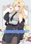  1girl belt black_belt black_necktie black_pantyhose blonde_hair blue_eyes bomber_jacket breasts collared_shirt commentary_request content_rating cover cover_page cowboy_shot doujin_cover dress_shirt hornet_(kancolle) jacket jacket_partially_removed kantai_collection long_hair looking_at_viewer necktie orikoshi_shino pantyhose pencil_skirt shirt skirt sleeveless sleeveless_shirt solo standing white_shirt 