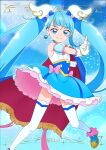  1girl ahoge bangs blue_bow blue_cape blue_eyes blue_hair blue_skirt bow cape cure_sky detached_sleeves earrings fingerless_gloves frills gloves hair_bow highres hirogaru_sky!_precure jewelry long_hair magical_girl pink_bow precure puffy_detached_sleeves puffy_sleeves single_sidelock skirt smile solo sora_harewataru thighhighs tiler_(tiler00) two-sided_cape two-sided_fabric undercut very_long_hair white_gloves wing_hair_ornament 