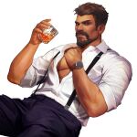  1boy alcohol bara beard black_pants brown_hair collared_shirt cup dark-skinned_male dark_skin facial_hair highres holding holding_cup large_pectorals male_focus muscular muscular_male nez overwatch overwatch_1 pants pectorals reaper_(overwatch) scar scar_on_cheek scar_on_face shirt short_hair simple_background solo suspenders watch white_background white_shirt wristwatch 