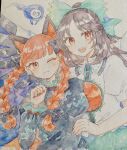  2girls :3 animal_ears black_bow bow braid brown_hair cat_ears chest_eye closed_mouth collared_shirt commentary_request dress extra_ears fire flaming_skull floating_skull frilled_shirt_collar frills green_bow green_dress green_skirt hair_bow highres kaenbyou_rin long_hair long_sleeves looking_at_viewer mozukuzu_(manukedori) multiple_girls multiple_hair_bows nekomata one_eye_closed open_mouth puffy_short_sleeves puffy_sleeves red_eyes red_hair red_nails reiuji_utsuho shirt short_sleeves skirt skull smile third_eye touhou traditional_media twin_braids white_shirt wings 