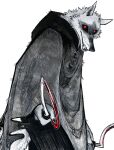  anthro black_cloak black_clothing black_nose blood blood_on_weapon bodily_fluids canid canine canis cloak clothing death_(puss_in_boots) facial_tuft fangs fur head_tuft hi_res holding_object holding_weapon looking_at_viewer male mammal melee_weapon qende red_eyes sharp_teeth sickle simple_background solo tail tail_tuft teeth tuft weapon white_background white_body white_fur wolf 