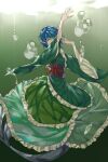  1girl aymmogh bangs blue_hair bubble frilled_kimono frills full_body green_eyes green_kimono head_fins japanese_clothes kimono long_sleeves looking_at_viewer mermaid monster_girl sash short_hair solo touhou underwater wakasagihime wide_sleeves 