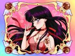  1girl bishoujo_senshi_sailor_moon blue_eyes blunt_bangs blush choker commentary cosmetics faux_retro_artstyle floating_hair hino_rei holding holding_lipstick_tube jewelry light_smile lipstick_tube long_hair mroczniak_(gloomy_chuu) necklace purple_hair red_nails solo sparkle 