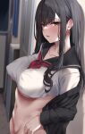  1girl bangs black_hair black_jacket blurry blurry_background blush bottomless breasts brown_eyes collarbone commentary_request from_side highres jack_dempa jacket large_breasts long_hair long_sleeves looking_at_viewer navel open_clothes open_jacket original parted_lips school_uniform serafuku shirt sidelocks solo stomach white_serafuku white_shirt 
