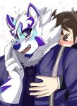  anthro blush canid canine clothing duo embrace facial_markings fur head_markings hug hugging_from_behind human lifewonders live_a_hero male male/male male_operator mammal markings necktie protagonist_(live_a_hero) sadayoshi suit suspenders white_body white_fur 