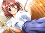  1girl 2000s_(style) blue_hakama blush breasts brown_hair cowboy_shot dojo dougi game_asset hair_between_eyes hair_intakes hakama hakama_skirt half_updo hands_up hogeroh holding holding_weapon indoors japanese_clothes kendo medium_breasts natsuki_mayu non-web_source one_eye_closed open_mouth purple_eyes raised_inner_eyebrows ryoujoku_gakuen self-datamine shinai skirt solo standing sword variant_set weapon 