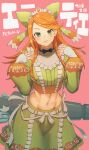  1girl absurdres aduti_momoyama bangs bow commentary_request cowboy_shot crop_top etie_(fire_emblem) fire_emblem fire_emblem_engage green_bow green_eyes green_shirt green_skirt hair_bow highres long_hair long_sleeves looking_at_viewer midriff navel orange_hair pink_background shirt simple_background skirt smile solo standing stomach swept_bangs tiara 