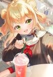  1girl :d blonde_hair cup disposable_cup double_bun drinking_straw green_eyes hair_bun highres hiyorou holding holding_drinking_straw hololive long_hair long_sleeves looking_at_viewer momosuzu_nene neckerchief outdoors outstretched_arm red_neckerchief selfie smile solo two_side_up virtual_youtuber 