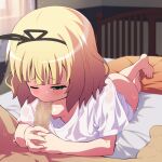  1boy 1girl ass bangs bed blonde_hair blue_eyes blunt_bangs breasts fellatio gochuumon_wa_usagi_desu_ka? handjob hemonemo hetero kirima_syaro licking looking_at_penis lying naked_shirt nipples on_bed on_stomach one_eye_closed oral penis pillow saliva shirt short_hair small_breasts solo_focus sweat t-shirt tongue tongue_out wavy_hair wavy_mouth wince 