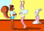  anthro ashburn_(adrian) bottomless clothed clothing erection erection_under_clothing female female/female genitals girly group hair hair_bun helene_(anon) hi_res kent_(charlesdragon) lagomorph leporid lucy_(lucyhaupdarsteller) lucyhaupdar male male/female mammal pajamas pillow pillow_fight pussy rabbit rodent sciurid sleepover tree_squirrel trio 