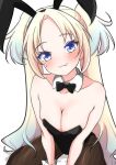  1girl :3 alternate_costume animal_ear_hairband animal_ears armpit_crease bare_shoulders black_bow black_bowtie black_hairband black_leotard black_pantyhose blonde_hair blue_eyes blue_hair blush bow bowtie breasts cleavage collarbone commentary_request curtained_hair daime_(hyahhaa10) detached_collar fake_animal_ears fang fang_out fishnet_pantyhose fishnets from_above gradient_hair hairband highres leotard looking_at_viewer love_live! love_live!_hasu_no_sora_jogakuin_school_idol_club medium_breasts multicolored_hair osawa_rurino pantyhose parted_bangs playboy_bunny rabbit_ear_hairband rabbit_ears simple_background sitting skin_fang solo strapless strapless_leotard sweatdrop traditional_bowtie twintails virtual_youtuber white_background white_wrist_cuffs wrist_cuffs 