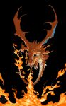  black_background blue_eyes breathing_fire charizard claws dragon fangs fire flame-tipped_tail flying highres mega_charizard_y mega_pokemon no_humans open_mouth pokemon pokemon_(creature) tail wings xiaopizi32439 