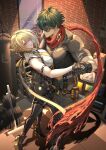  1boy 1girl absurdres ass black_hair blonde_hair dancing dumbbell evelyn_chevalier hetero highres holding_hands lighter_(zenless_zone_zero) looking_at_another night punching_bag rchella scarf shirt sunglasses tagme white_shirt zenless_zone_zero 