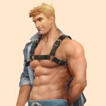  1boy abs bara bare_pectorals blonde_hair chest_harness grey_shirt harness highres large_pectorals male_focus muscular muscular_male navel nez nipples open_clothes open_shirt overwatch overwatch_1 pectorals shirt short_hair simple_background smile soldier:_76_(overwatch) solo upper_body 