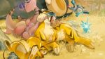  alternate_color amehatobook ampharos closed_eyes closed_mouth commentary flower grass lying magnemite no_humans on_back open_mouth outdoors pokemon pokemon_(creature) pokemon_focus raichu raikou shiny_pokemon sleeping snorlax tusks untranslatable_commentary watermark yawning 