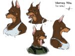  2026 angry anthro bare_shoulders black_nose black_text breasts brown_body brown_ears brown_fur canid canine canis churroz clothed clothed_anthro clothed_female clothing collar dark_body dark_fur digital_drawing_(artwork) digital_media_(artwork) dobermann domestic_dog english_text eyebrows fangs female fur glistening glistening_eyes green_clothing green_collar green_uniform half-closed_eyes hi_res light_body light_fur looking_forward mammal monotone_background mouth_closed multicolored_body multicolored_fur narrowed_eyes open_mouth open_smile pink_inner_ear pink_tongue pinscher pointy_ears prick_ears pupils serious shirt signature simple_background smile snout solo species_name tan_body tan_eyebrows tan_fur tank_top teeth text thick_eyebrows thick_neck three-quarter_view tongue tongue_out topwear two_tone_body two_tone_fur uniform white_background white_clothing white_shirt white_tank_top white_topwear yellow_sclera 