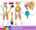  anthro atigernamedcasey casey_(disambiguation) casey_winters caseythetiger collar colorful felid fur girly hair highlights_(coloring) male mammal model_sheet multicolored_tail pantherine ponytail purple_hair rainbow_stripes rainbow_tail short_hair simple_background smile snaggle_tooth softpauxs solo standing striped_body stripes tail tiger 