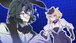  1boy 1girl ascot black_flower black_hair black_hat black_rose black_vest blonde_hair blue_background bow commentary_request dress druvis_iii exhausted flower forget_me_not_(reverse:1999) frilled_bow frills glasses green_eyes grey_eyes grid_background hat highres juliet_sleeves korean_commentary long_sleeves neck_flower puffy_sleeves reverse:1999 rose round_eyewear running shirt short_hair smile sparkle sweat unhyang upper_body vest waistcoat white_ascot white_dress white_shirt 