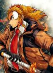  1boy black_gloves blonde_hair closed_mouth coat collared_shirt from_side gloves holding holding_sword holding_weapon hood hood_down hooded_coat kimetsu_no_yaiba multicolored_hair necktie open_clothes open_coat orange_coat profile red_hair red_necktie rengoku_kyoujurou sayu090200 shirt solo spiked_hair sword two-tone_hair weapon white_shirt wing_collar yellow_eyes 